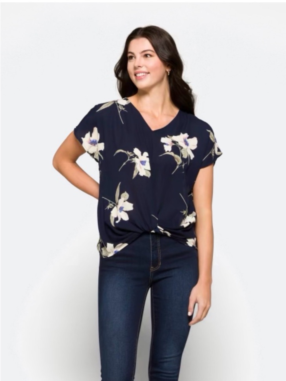 West Kei Navy Floral Knot-Front Blouse